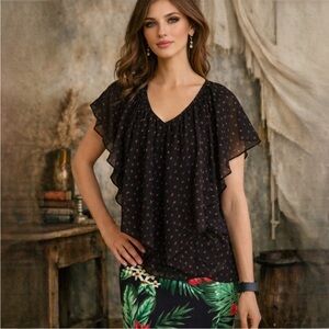 Forever 21 Dark Black Rose Floral  Print Blouse Sheer Ruffle Blouse